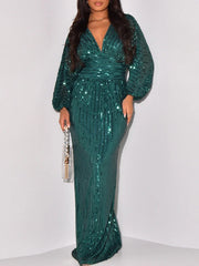 Elegant Shiny Dress Women Party Long Gown Long Sleeve
