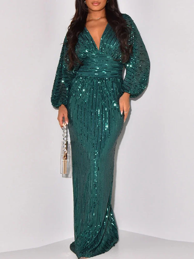 Elegant Shiny Dress Women Party Long Gown Long Sleeve
