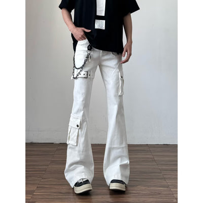 White Strap Multi-Pocket Work Denim Pants for Men