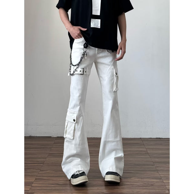 White Strap Multi-Pocket Work Denim Pants for Men