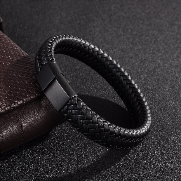 Men Jewelry Black/Brown Braided Leather Bracelet Stainless Steel Magnetic Clasp Fashion Bangles 18.5/22/20.5cm