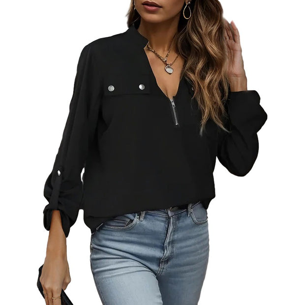 Autumn new European and American women's clothing pullover solid color long sleeved shirt for women