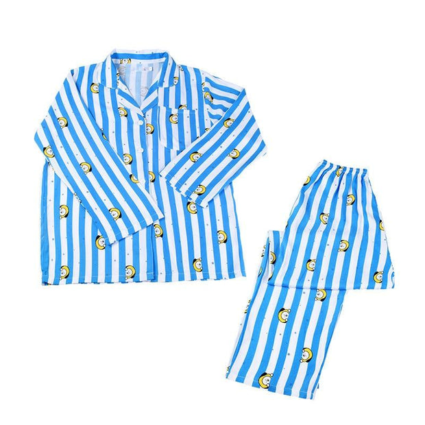 Cute Cartoon Q Print Lightweight Long Sleeve Pants Pajama Set Cute Home Wear Casual Wear Two Piece Set Men and Women Summer Light Weight