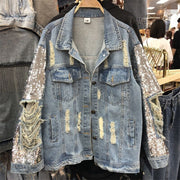 Spring and Autumn Heavy Industry sequined denim jacket for women, loose, fashionable, personalized, and distressed clothing trend