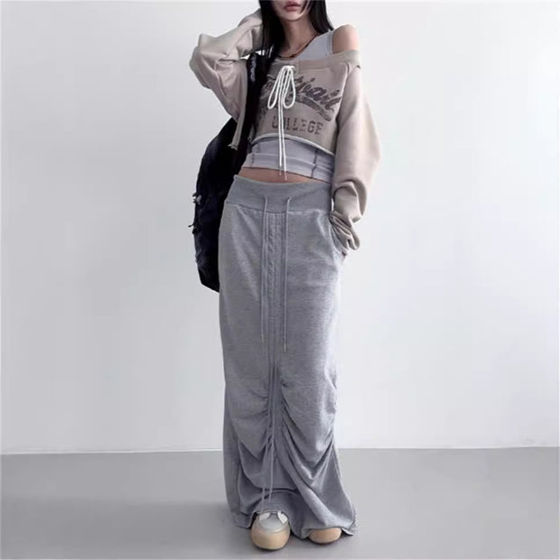 High Waist Casua Lace-up Shirring Design Skirts