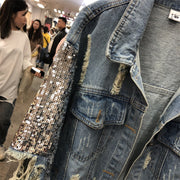 Spring and Autumn Heavy Industry sequined denim jacket for women, loose, fashionable, personalized, and distressed clothing trend