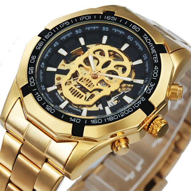 Mechanical Watch Men Skull Golden Stainless Steel