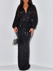 Elegant Shiny Dress Women Party Long Gown Long Sleeve