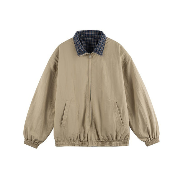 Plaid Two-Way Wear Stand Collar Loose Unisex Coach Jacket Men
