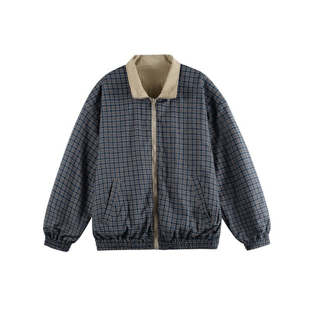 Plaid Two-Way Wear Stand Collar Loose Unisex Coach Jacket Men