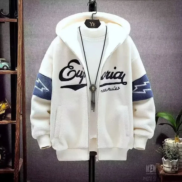 2023 Autumn Winter Men's Hooded Jackets Korean Fashion Streetwear Harajuku Jackets Casual Men Clothing Wool Jackets Warm Jacket