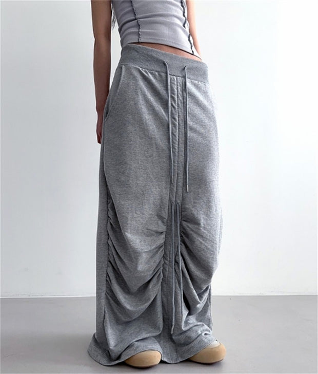 High Waist Casua Lace-up Shirring Design Skirts