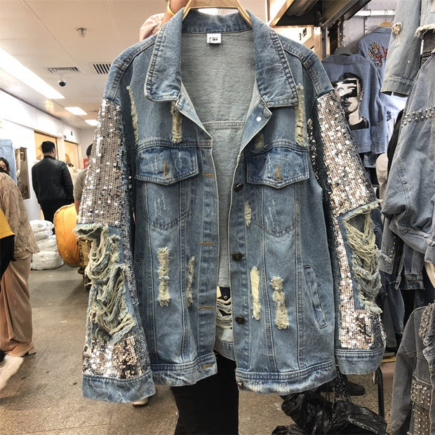 Spring and Autumn Heavy Industry sequined denim jacket for women, loose, fashionable, personalized, and distressed clothing trend