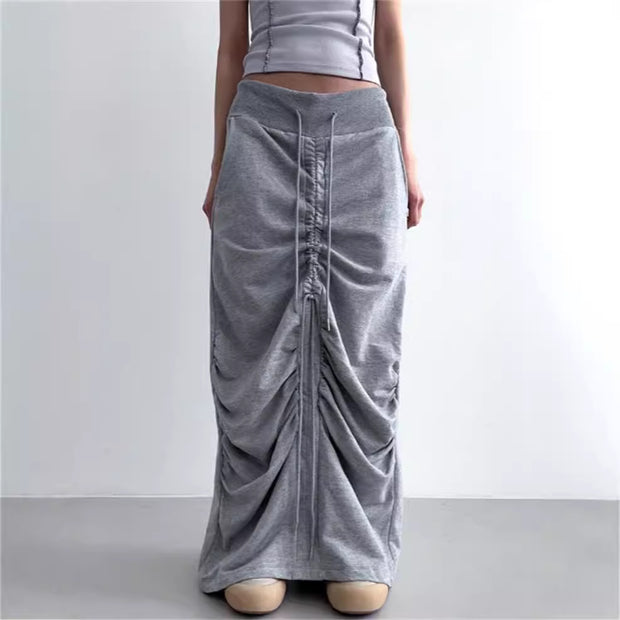 High Waist Casua Lace-up Shirring Design Skirts