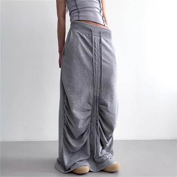High Waist Casua Lace-up Shirring Design Skirts