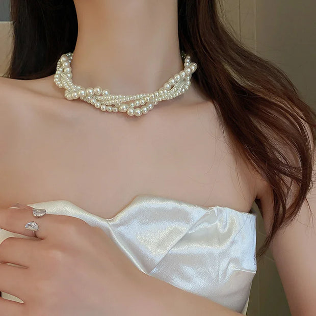 Twining Pearl Choker Necklaces for Women Geometric Necklaces Weddings Bride Jewelry Accessories