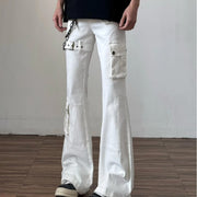 White Strap Multi-Pocket Work Denim Pants for Men