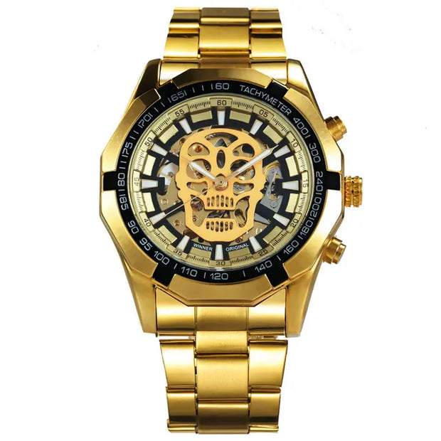 Mechanical Watch Men Skull Golden Stainless Steel