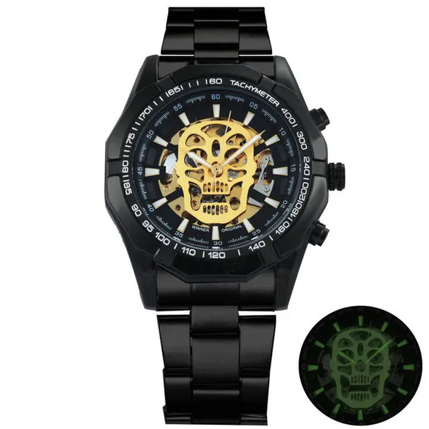 Mechanical Watch Men Skull Golden Stainless Steel